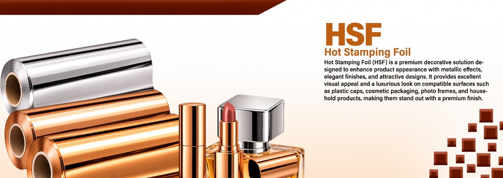 Hot stamping foil reels with foil-decorated lipstick case, perfume bottle and caps
