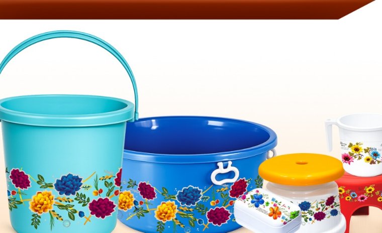 Heat transfer film decorated housewares: PP buckets, tubs, containers and stools