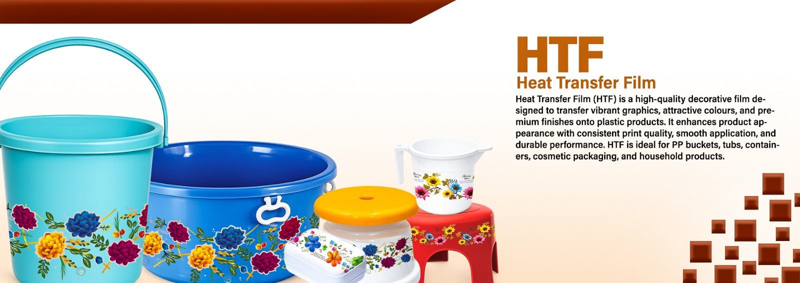 Heat transfer film decorated housewares: PP buckets, tubs, containers and stools
