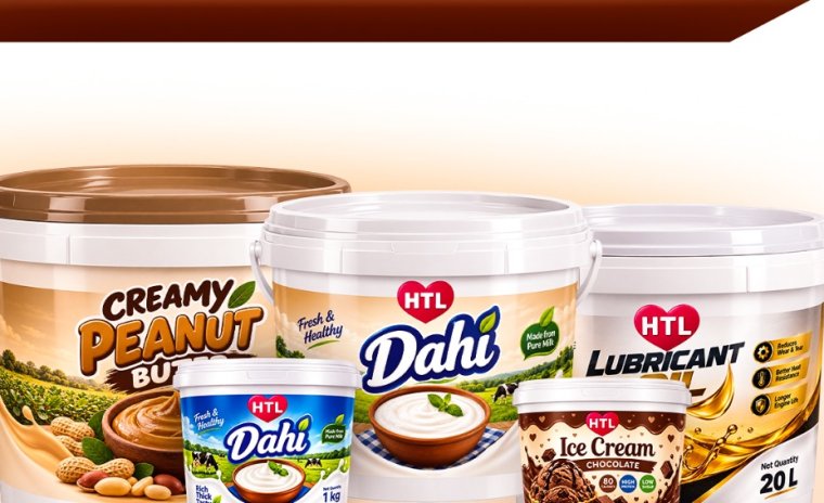 Heat transfer labelled buckets: peanut butter, dahi, ice cream and lubricant packs
